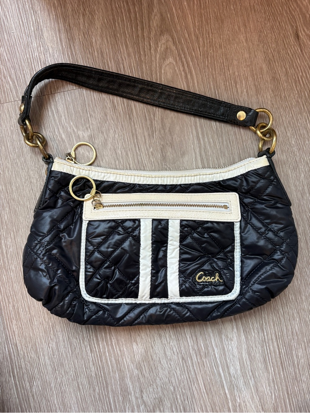 Coach Black Quilted Shoulder Bag with Cream Trim and Gold Hardware